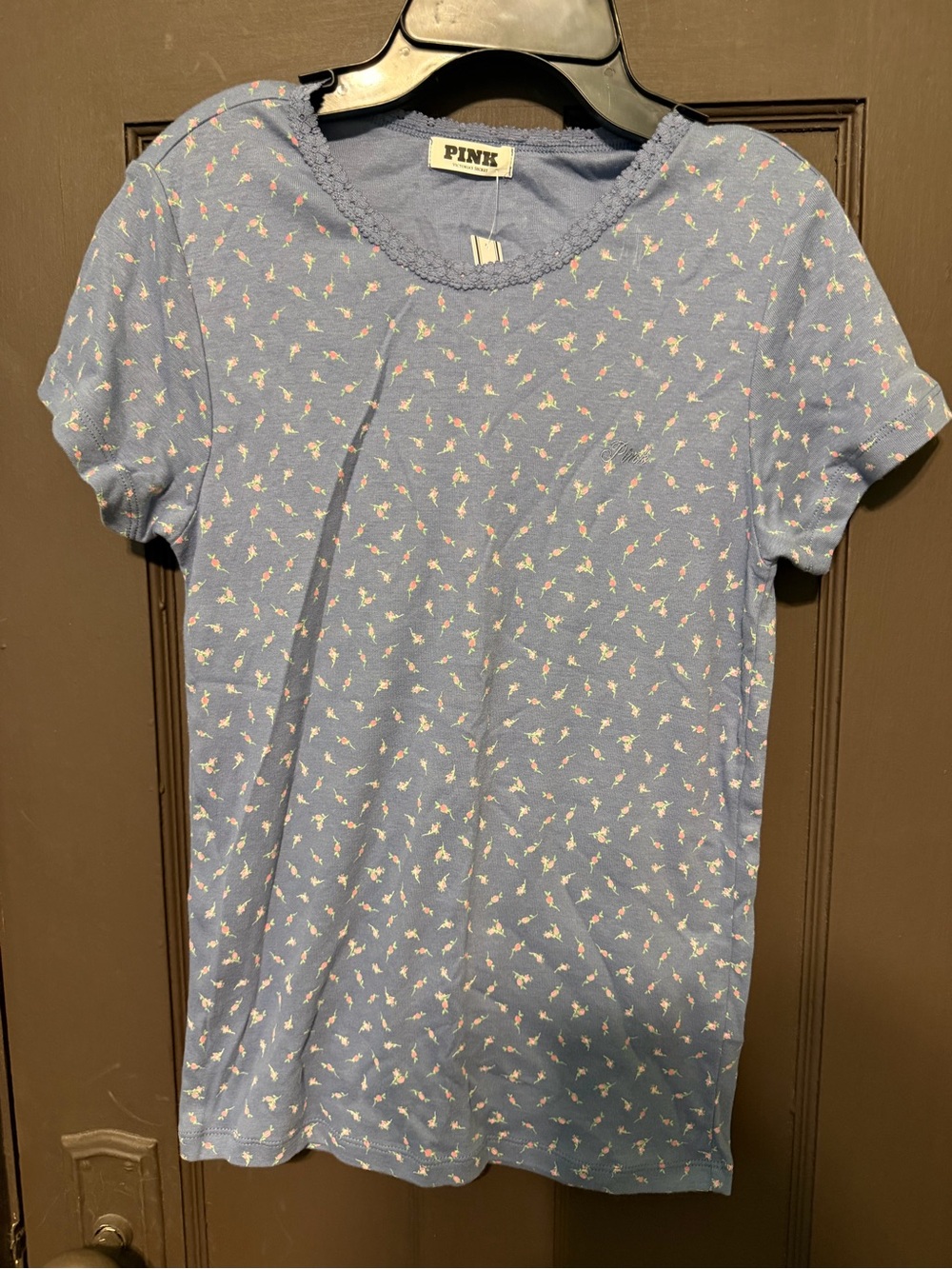 PINK Victoria's Secret Women’s Light Blue Floral Short Sleeve Top